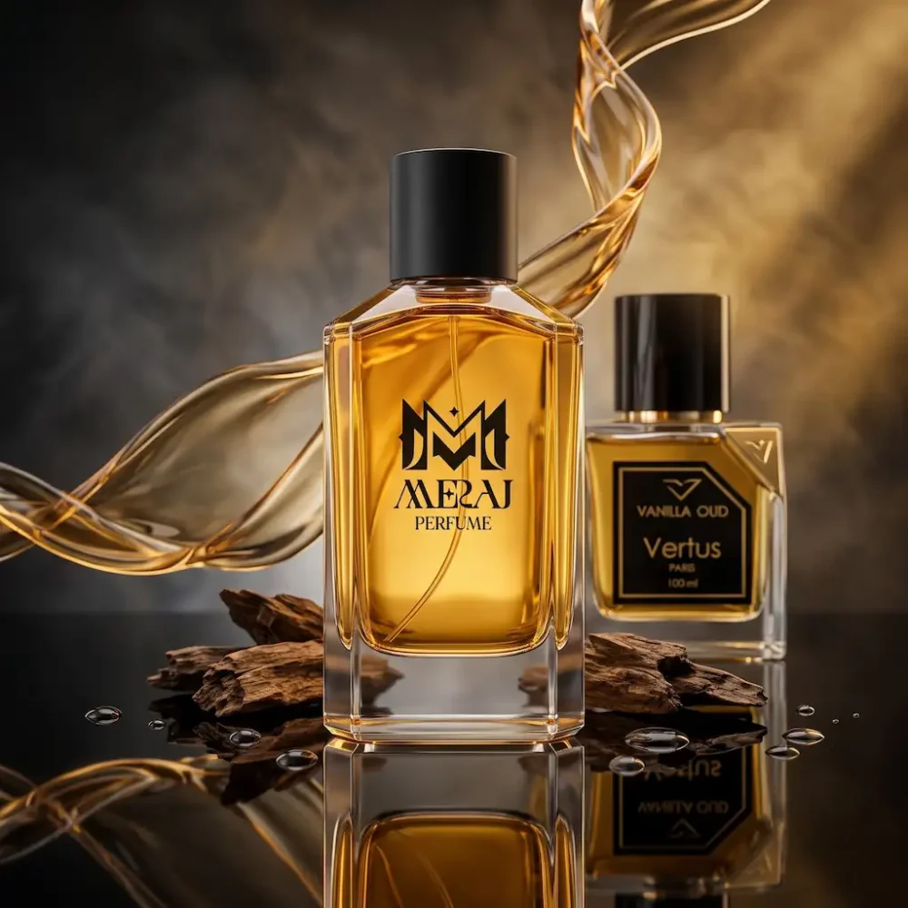 شیشه عطر ارجینال ورتوس وانیلا عود با شیشه عطر معراج پرفیوم